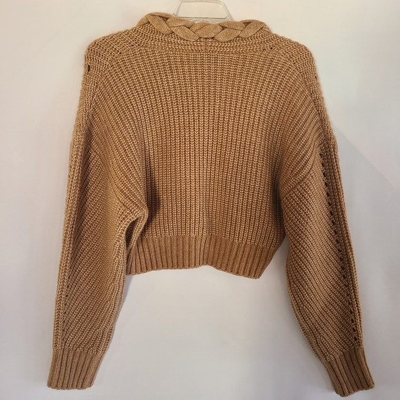 dh New York Braided V-Neck Cropped Sweater Tan Camel Ribbed Knit M/L - Picture 5 of 9